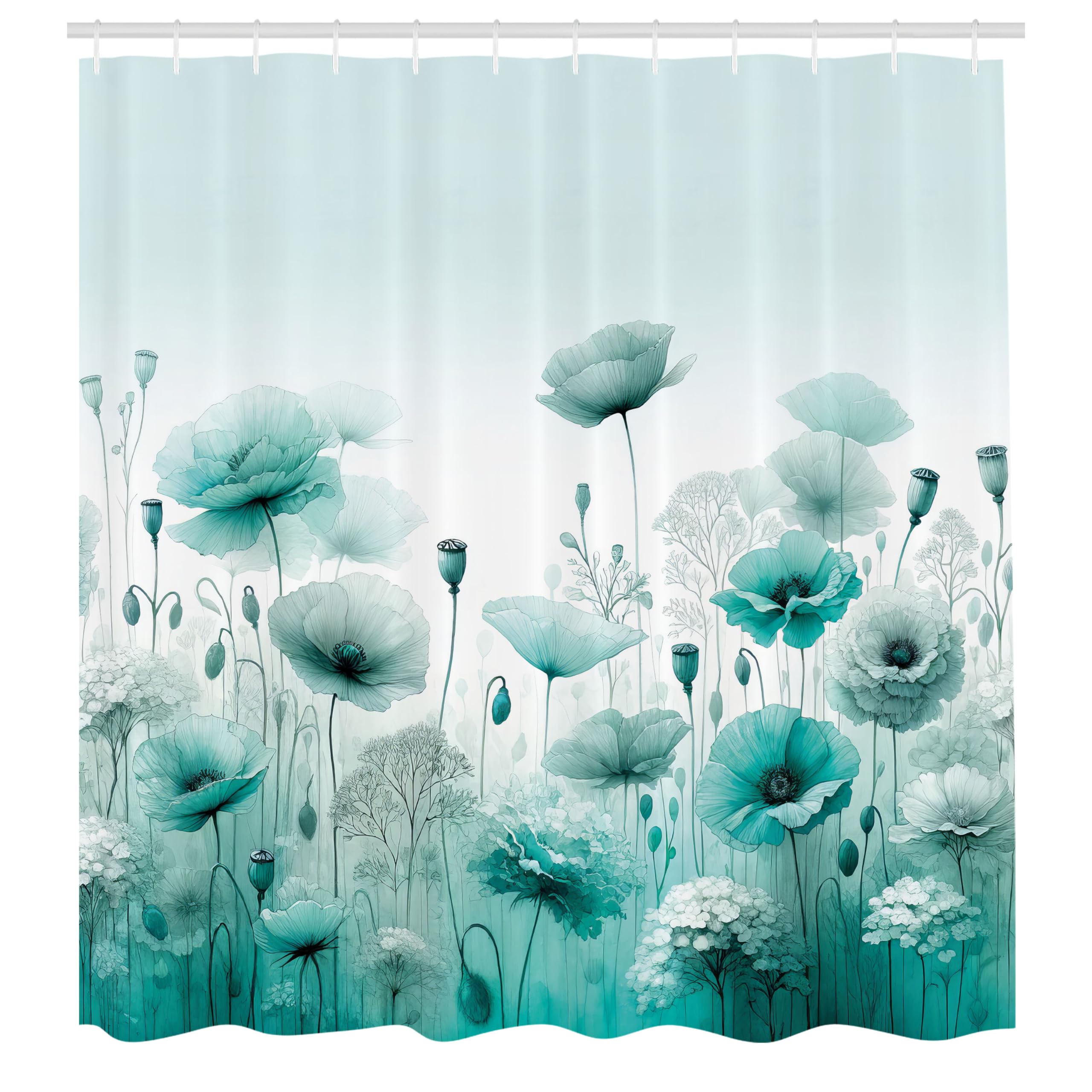 Ambesonne Turquoise Shower Curtain, Chill Atmosphere Of Flowering Poppy Scene With Oceanic Green Tones, Cloth Fabric Bathroom De